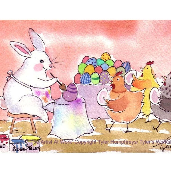 Easter Card, Funny Easter Card, Easter Greeting Card, Handmade Watercolor Easter Card, Easter Bunny Card, 'The Artist At Work'