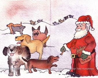 Dog Card, Dog Christmas Card, Dog Art, Dogs & Santa Illustration Watercolor Painting Print 'Wagging and Woofing For Santa'