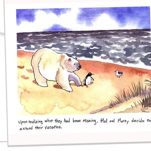 Carte de voeux animaux, aquarelle drôle, scène de plage, carte vierge ours polaire et pingouin, cadeau pour amoureux des animaux, art sur le thème de la plage, dessin animé drôle d'animal