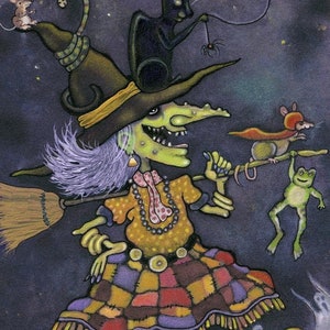 Halloween carte - sorcière Halloween carte de voeux - citrouilles chat noir pleine lune - Illustration Halloween sorcières - « Esmeralda »