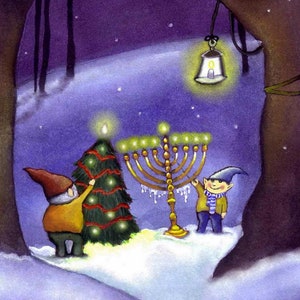 Tarjeta de Navidad y Hanukkah - Tarjeta de Navidad y Hanukkah - Tarjeta de Felices Fiestas - Tarjeta de Duendes Navideños