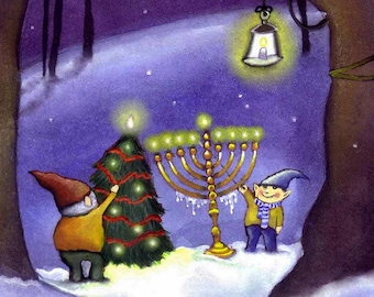 Christmas Hannukah Card: Gnome Holiday Watercolor Greeting