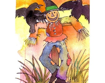 Kaart voor herfst herfst Halloween Scarecrow kaart, Scarecrow kunst, Scarecrow & kraaien aquarel illustratie groet kaart afdrukken