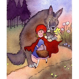 Rotkäppchen Grußkarte - Kunst Karte - Kinderbuch Illustration Fantasy lustig Märchen Aquarell Malerei Druck