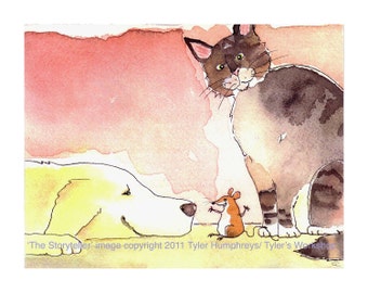 Funny Mouse Cat & Dog Greeting Card, Pets Watercolor Animals Painting illustration Cartoon, 'The Storyteller'