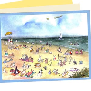 Beach Blanket Bunnies - Greeting Card - Whimsical Watercolor Animal Art - Blank Inside