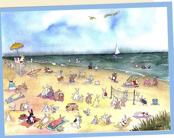 Beach Blanket Bunnies - Greeting Card - Whimsical Watercolor Animal Art - Blank Inside