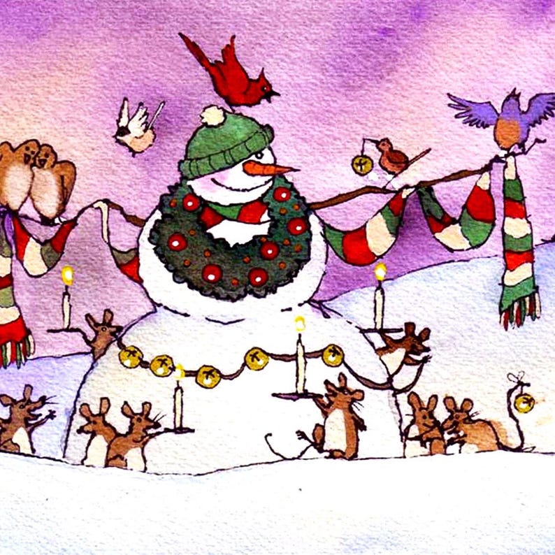 Snowman Christmas Card: Watercolor Caroling Mice and Birds Print image 2
