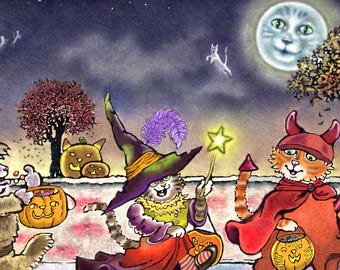 Funny Cat Halloween Card: Trick or Treat Cats Watercolor Art Print