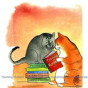 Funny Cat Card: Watercolor Tabby & Grey Cats Reading image 3