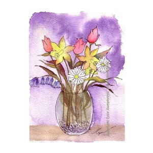 Carte de fleurs de printemps, carte de voeux de fleurs aquarelles, art floral floral, impression de peinture de bouquet de jonquilles jacinthes des bois