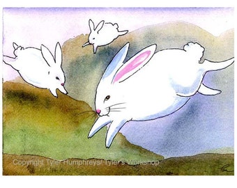 Easter Card - Easter Rabbit Greeting Card - Watercolor White Rabbits Illustration Greeting Card Print - Funny Bunny Art