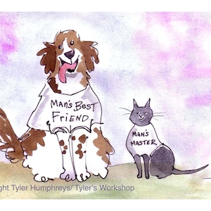 Tarjeta de felicitación divertida de gato y perro - Ilustración de dibujos animados de mascotas - Impresión de perro y gato en acuarela 'El mejor amigo del hombre/El amo del hombre'