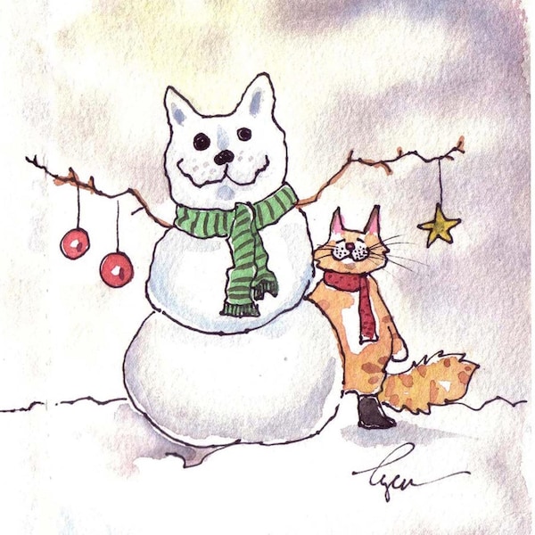 Biglietto di Natale con gatto: stampa artistica invernale "Gatto delle nevi" ad acquerello