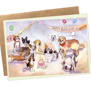 Może przedstawiać: Kartka okolicznościowa z akwarelową ilustracją r&oacute;żnych ras ps&oacute;w świętujących. Karta zawiera tekst "Happy Barkday doggone it" i "Paws to Celebrate". Obecny jest r&oacute;wnież tort urodzinowy i balony.