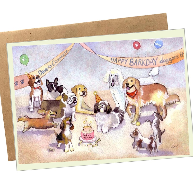 Może przedstawiać: Kartka okolicznościowa z akwarelową ilustracją r&oacute;żnych ras ps&oacute;w świętujących. Karta zawiera tekst "Happy Barkday doggone it" i "Paws to Celebrate". Obecny jest r&oacute;wnież tort urodzinowy i balony.