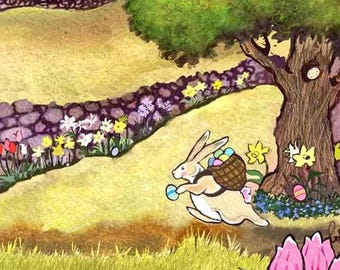 Watercolor Easter Card: Bunny in Country Landscape, Egg Hunt
