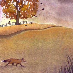 Autumn Fox Watercolor Greeting Card: Rural Landscape Art Print
