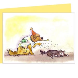 Party Animals Funny Dog Cat Card - Handmade 4x6 Greeting - Surprise Party Invite - Birthday Card for Pet Lovers - Watercolor Dog Art