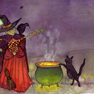 Karta z pozdrowieniami na Halloween - Zabawna czarownica i czarny kot Ilustracja karty na Halloween Wydruk - 'Bubble Bubble Toil And Trouble'