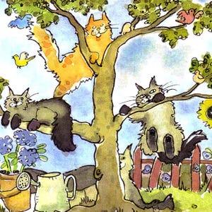 Whimsical Cat Watercolor Painting Greeting Card: &#39;In The Garden Of Kitty Delights&#39;