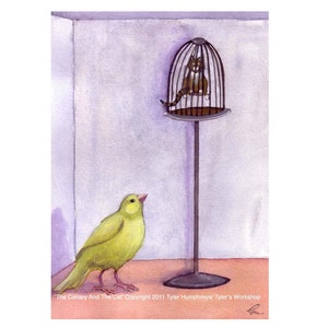 Carte de voeux amusante pour canaris et chats tigrés - illustration aquarelle d'oiseaux et de chats, impression « Les canaris et le chat »