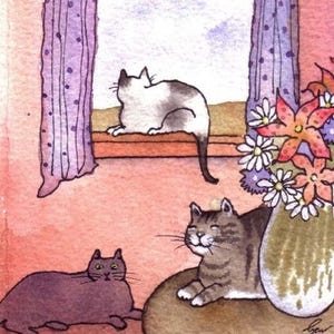 水彩猫のグリーティングカード：居心地の良い猫のアート - 内側は空白 画像 2