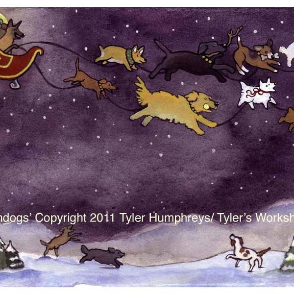 Dogs Christmas Greeting Card, Funny Christmas Dogs Card, Dog Art, Christmas Dog Card Watercolor Illustration Painting Print 'Reindogs'