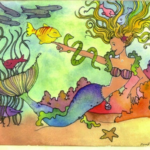 Mermaid Watercolor Greeting Card: Tropical Fish Art Print