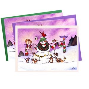 Snowman Christmas Card: Watercolor Caroling Mice and Birds Print image 1