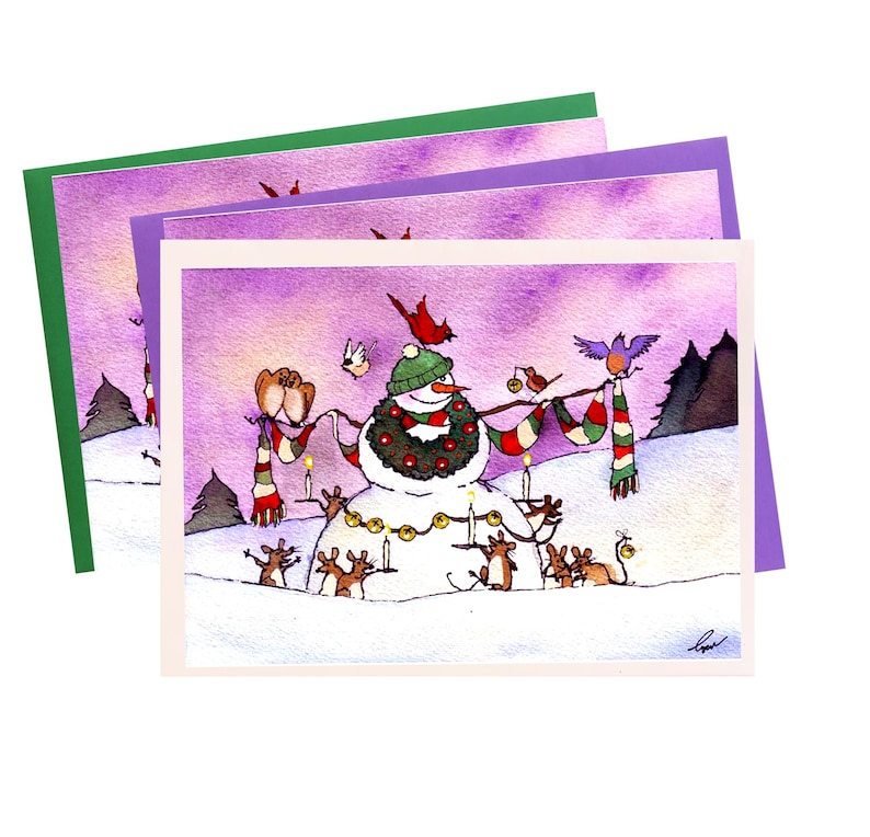 Snowman Christmas Card: Watercolor Caroling Mice and Birds Print image 1
