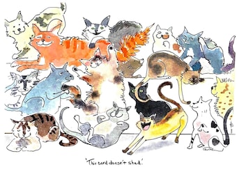 Funny Cat Card "This Card Doesn't Shed" Whimsical Cats Greeting Blank Inside