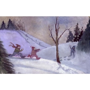Enfants hiver neige pays paysage carte de voeux aquarelle impression 5 x 7 « jour de neige »