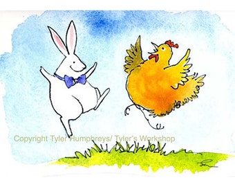 Easter Card, Funny Animal Greeting Card, Easter Greeting Card, Chicken & Rabbit Greeting Card Watercolor Animals Painting Illustration Print