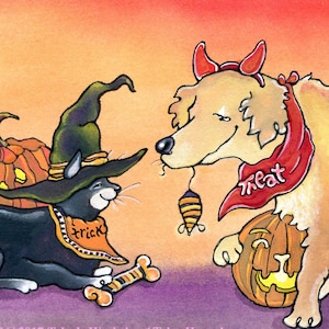 Funny Halloween Card: Cat and Dog Watercolor Greeting Card