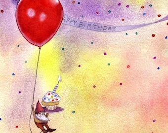 Karte für den Geburtstag eines Gnoms: Aquarell-Illustration