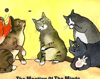 Cartão divertido com aquarela de gato: presente original para amantes de gatos de desenho animado.