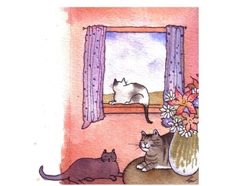 Cats Greeting Card, Cats & Flowers Watercolor Painting Illustration Print 'Cozy Cats'