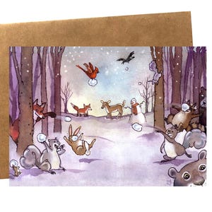 Carte drôle d'animaux de la forêt - carte de voeux animaux d'hiver - carte de Noël de combat de boules de neige - art d'écureuil de lapin de raton laveur - humour de vacances