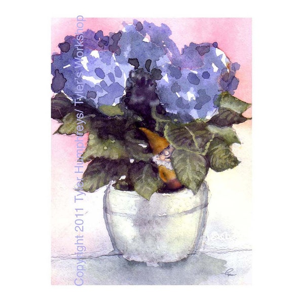 Gnome Greeting Card Blue Hydrangea Flower Watercolor Painting Illustration Print