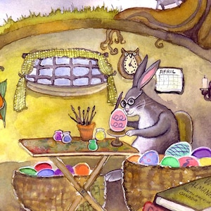 Watercolor Easter Card: Easter Bunny Painting Eggs