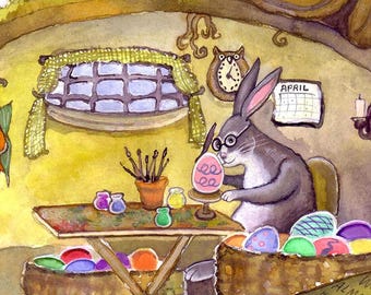 Watercolor Easter Card: Easter Bunny Painting Eggs