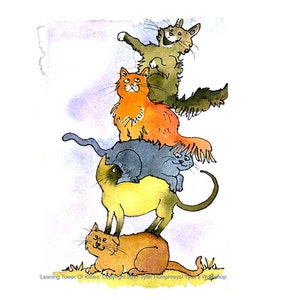 Carte de voeux chat - art de chat - carte de chats drôles - illustration de chats aquarelle peinture impression « la tour penchée des chatons »