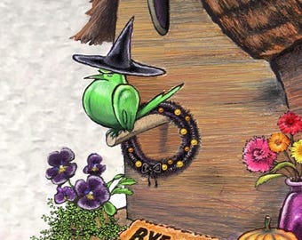 Funny Halloween Bird Greeting Card: Watercolor Witch Art