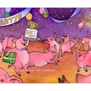 Tarjeta de cerdo divertido - tarjeta de felicitación de cerdo - arte de cerdo divertido - ilustración de cerdo 'Cerdos de fiesta'