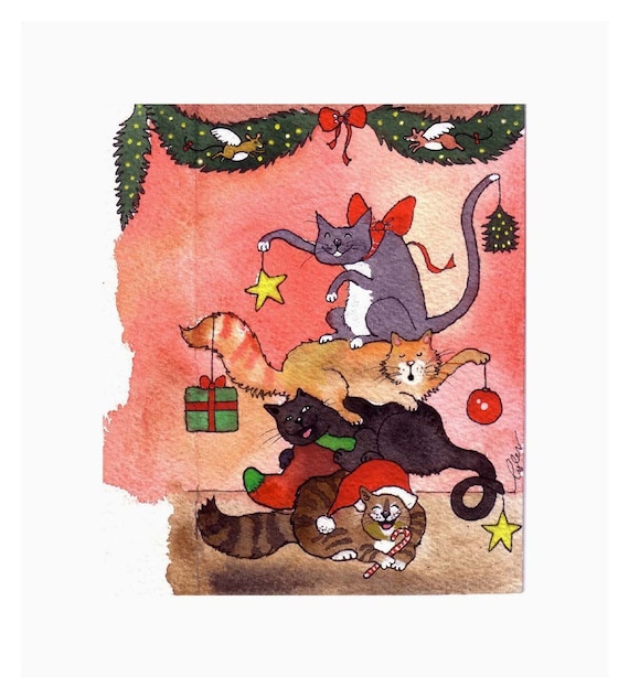 Cat Christmas Card Funny Cats Card Cat Art Christmas - Etsy