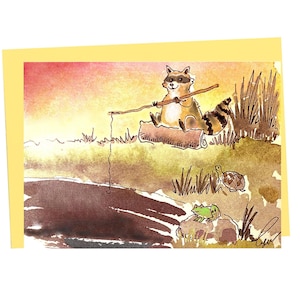 Carte de voeux drôle de raton laveur - Illustration de partie de pêche - carte d'animal lunatique - carte de nature d'été - décor de cabine - art de raton laveur