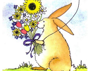 Bunny Thinking Of You Card: Watercolor Flowers, Animal Art