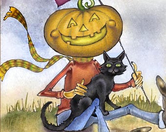 面白いハロウィンカード：パンプキンヘッド、黒猫、不気味なトリックオアトリートのイラスト