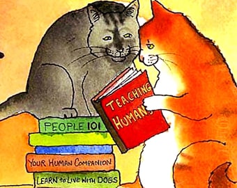 Funny Cat Card: Watercolor Tabby & Grey Cats Reading